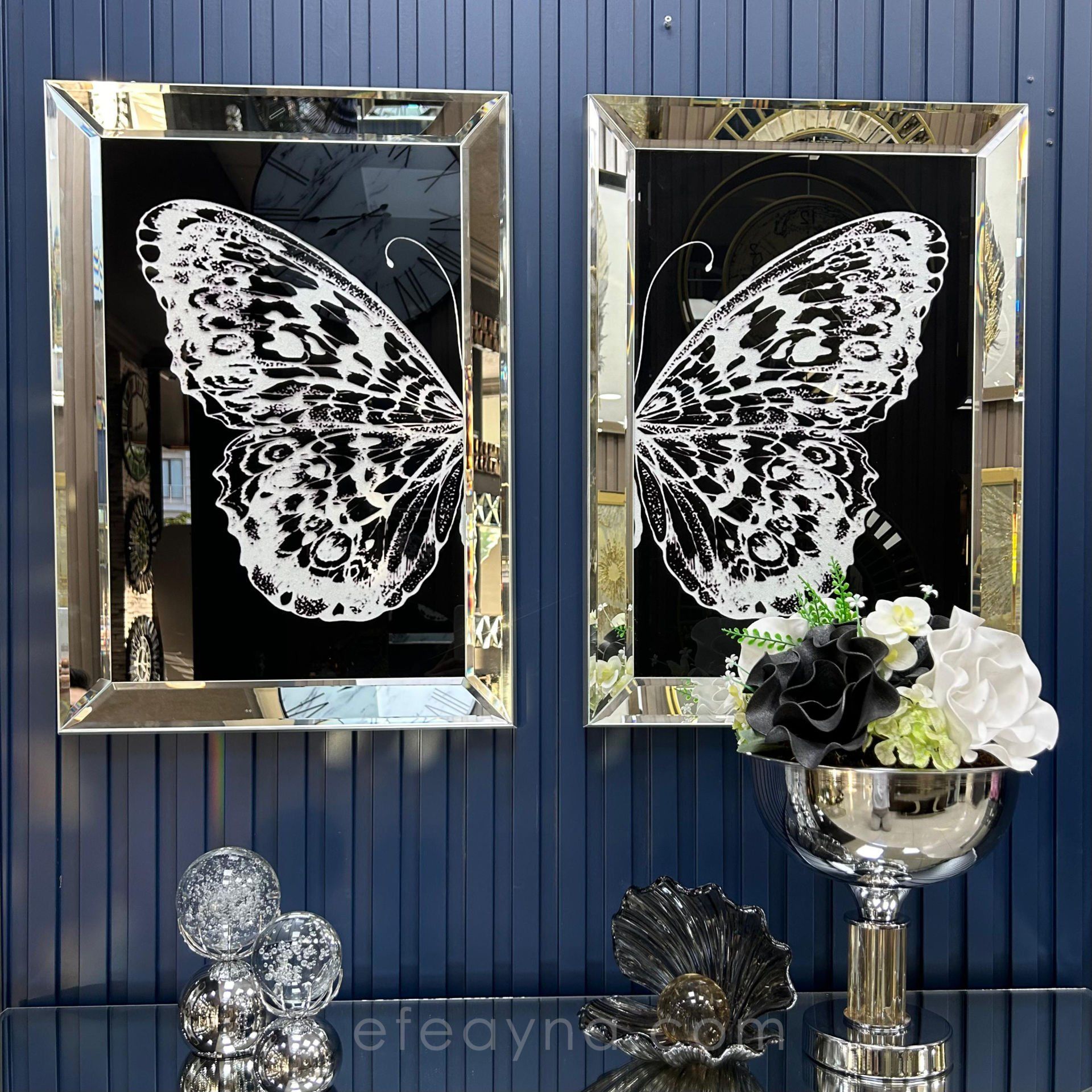 BEYAZ KELEBEK 2'Lİ GÜMÜŞ AYNA TABLO SETİ 50X70