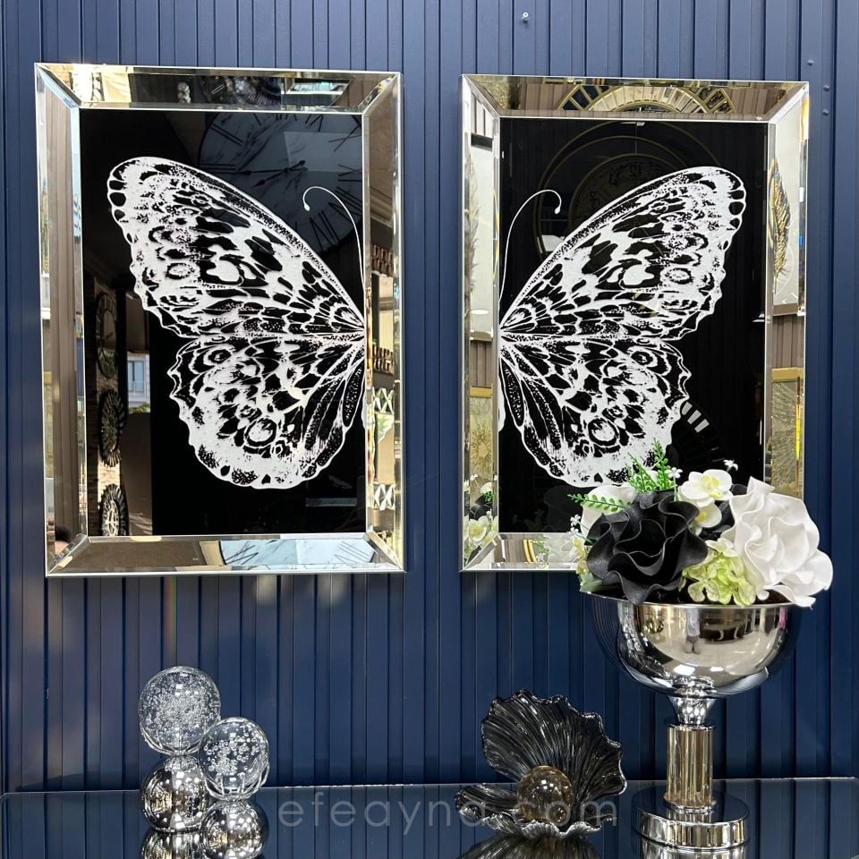 BEYAZ KELEBEK 2'Lİ GÜMÜŞ AYNA TABLO SETİ 50X70