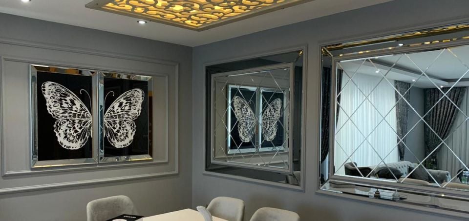 BEYAZ KELEBEK 2'Lİ GÜMÜŞ AYNA TABLO SETİ 50X70