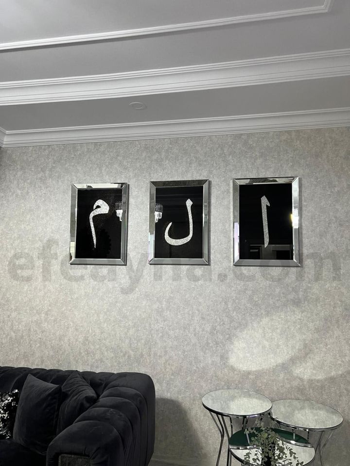 ELİF LAM MİM- 3'LÜ GÜMÜŞ AYNA TABLO SETİ 50X70