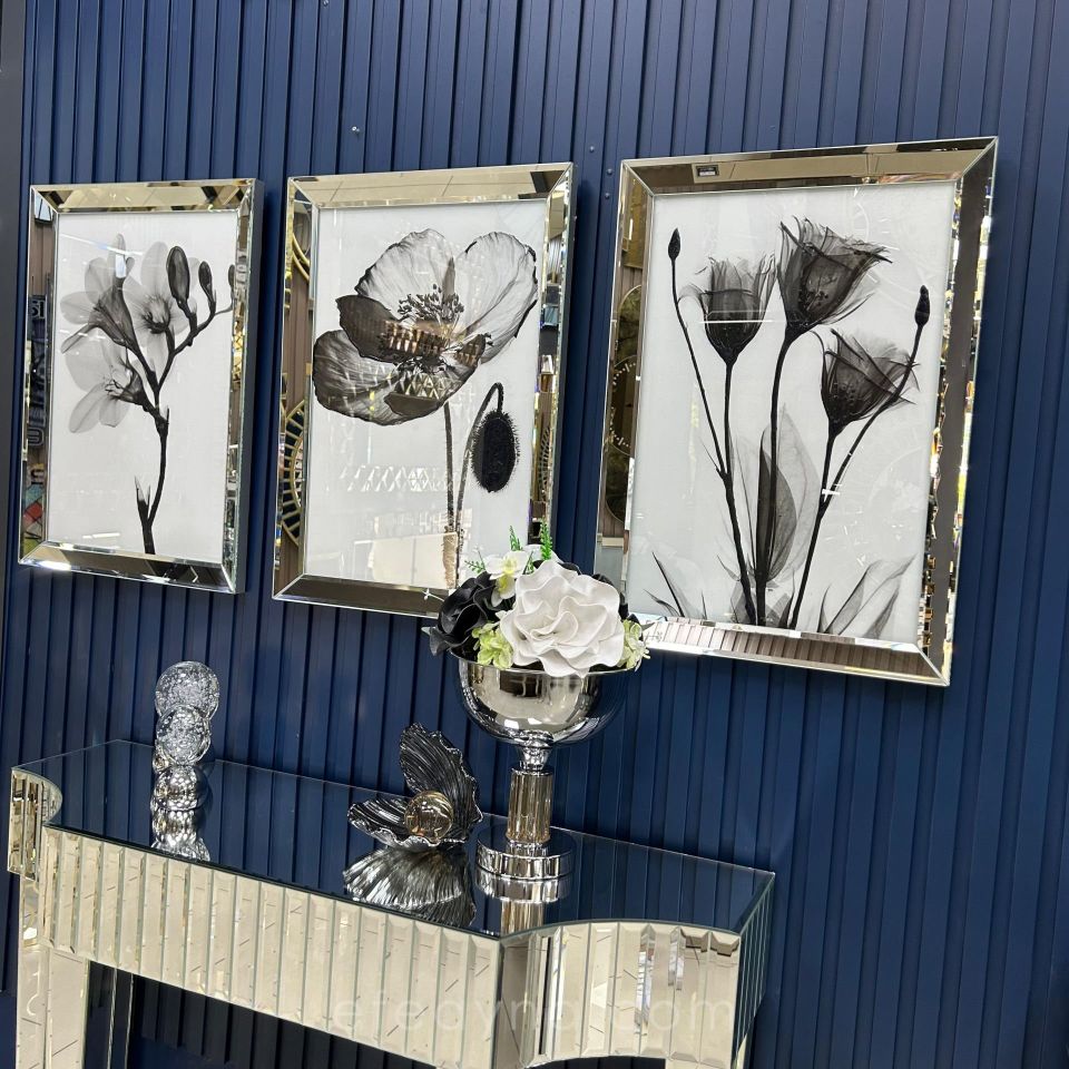 SİYAH ÇİÇEK-3'LÜ GÜMÜŞ AYNA TABLO SETİ 40X60