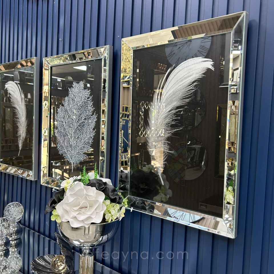 TÜY & KURUYAPRAK 3'LÜ GÜMÜŞ AYNA TABLO SETİ 40X60