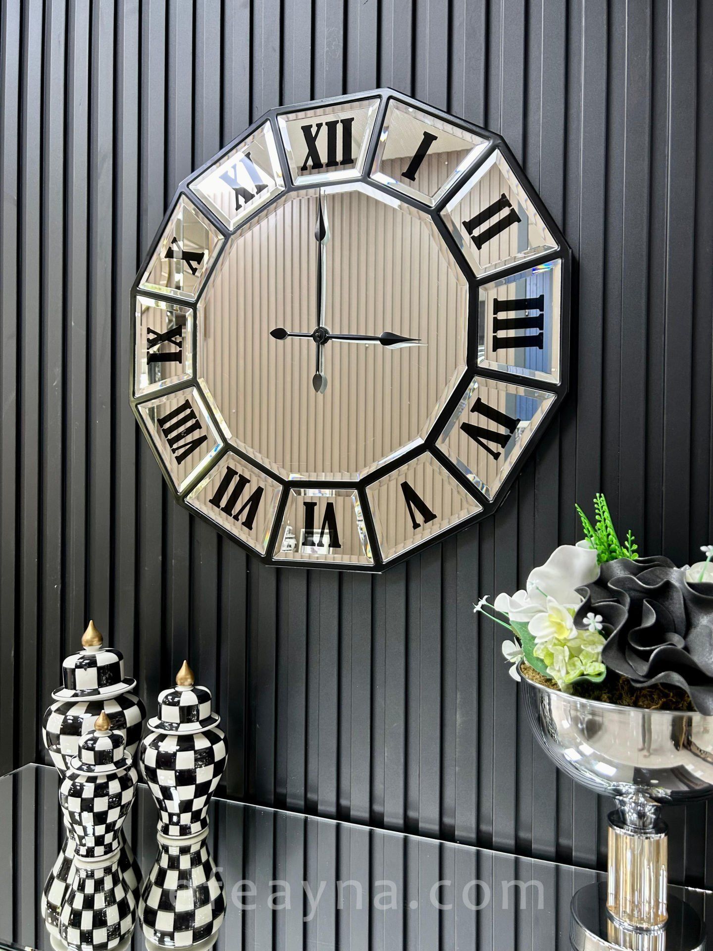 ONİKİGEN-SİYAH & GÜMÜŞ AYNA DUVAR SAATİ 70CM