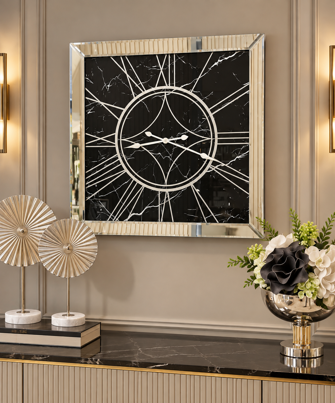 MERMER- SİYAH AYNA DUVAR SAATİ 70x70CM