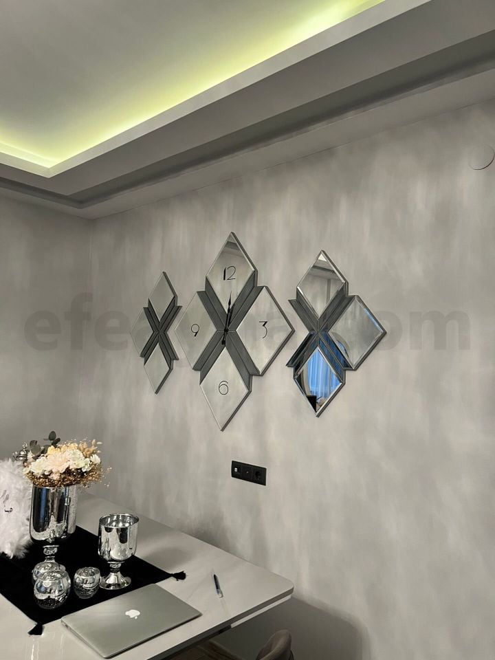 KÜP-3'LÜ FÜME & GÜMÜŞ AYNA DUVAR SAATİ SETİ