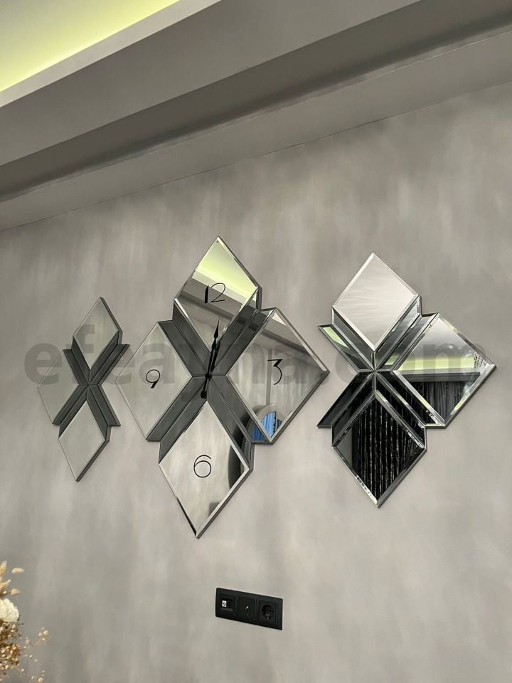 KÜP-3'LÜ FÜME & GÜMÜŞ AYNA DUVAR SAATİ SETİ