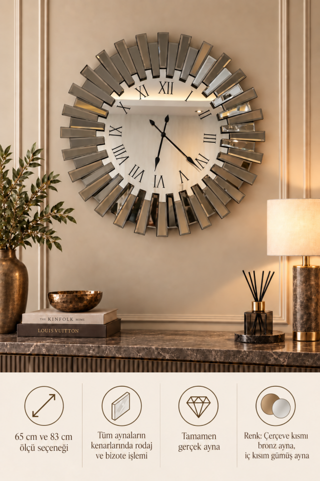 PİYANO-BRONZ AYNA DUVAR SAATİ