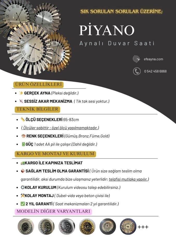 PİYANO-BRONZ AYNA DUVAR SAATİ