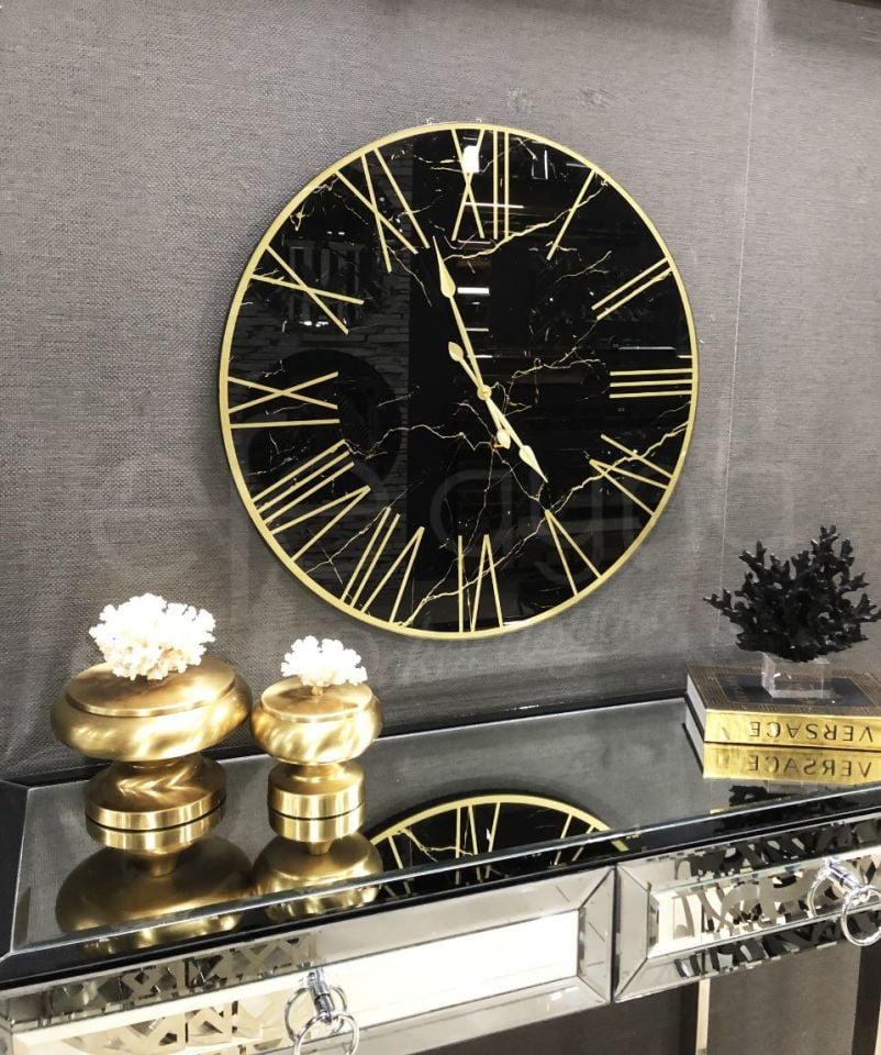 MERMER-SİYAH & GOLD DUVAR SAATİ 70CM