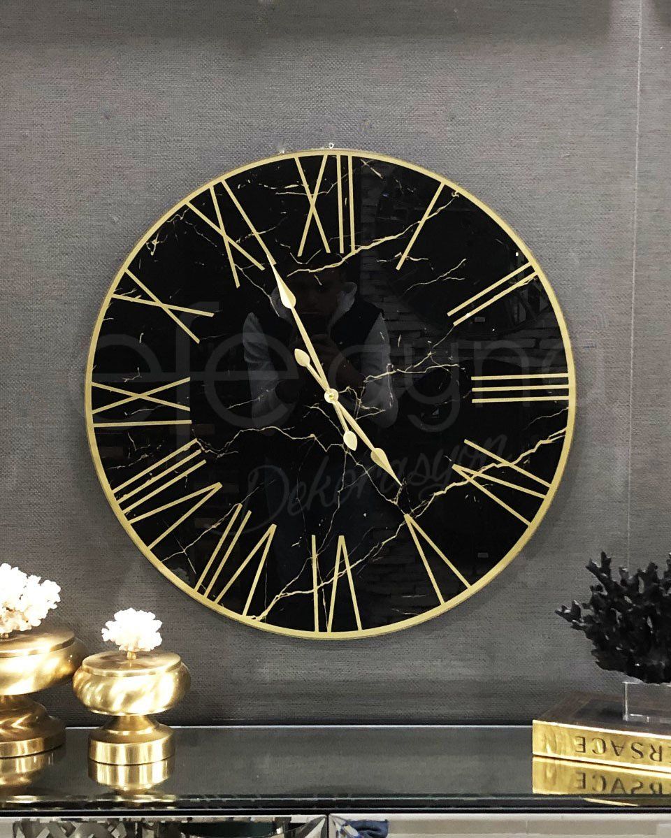 MERMER-SİYAH & GOLD DUVAR SAATİ 70CM