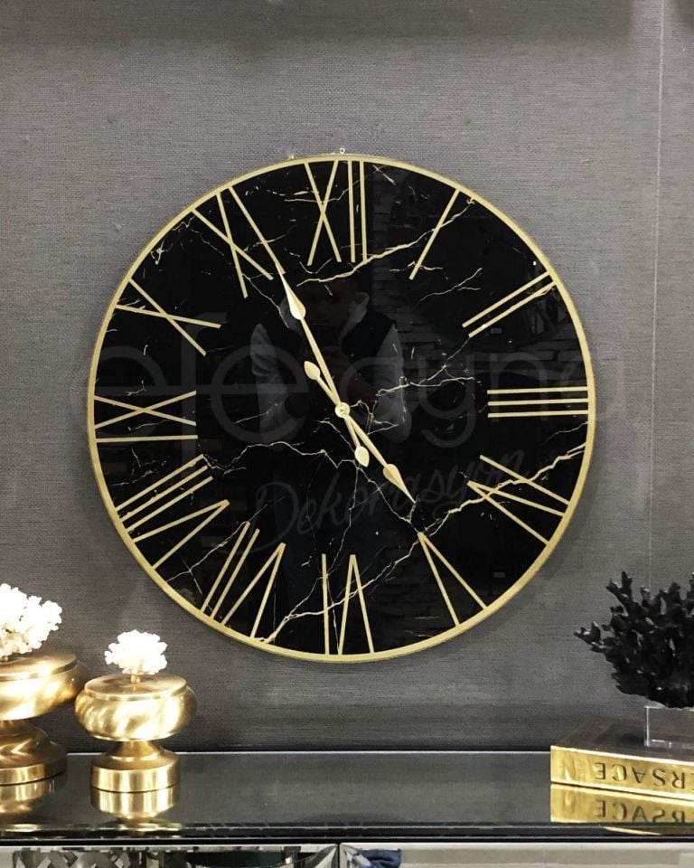 MERMER-SİYAH & GOLD DUVAR SAATİ 70CM