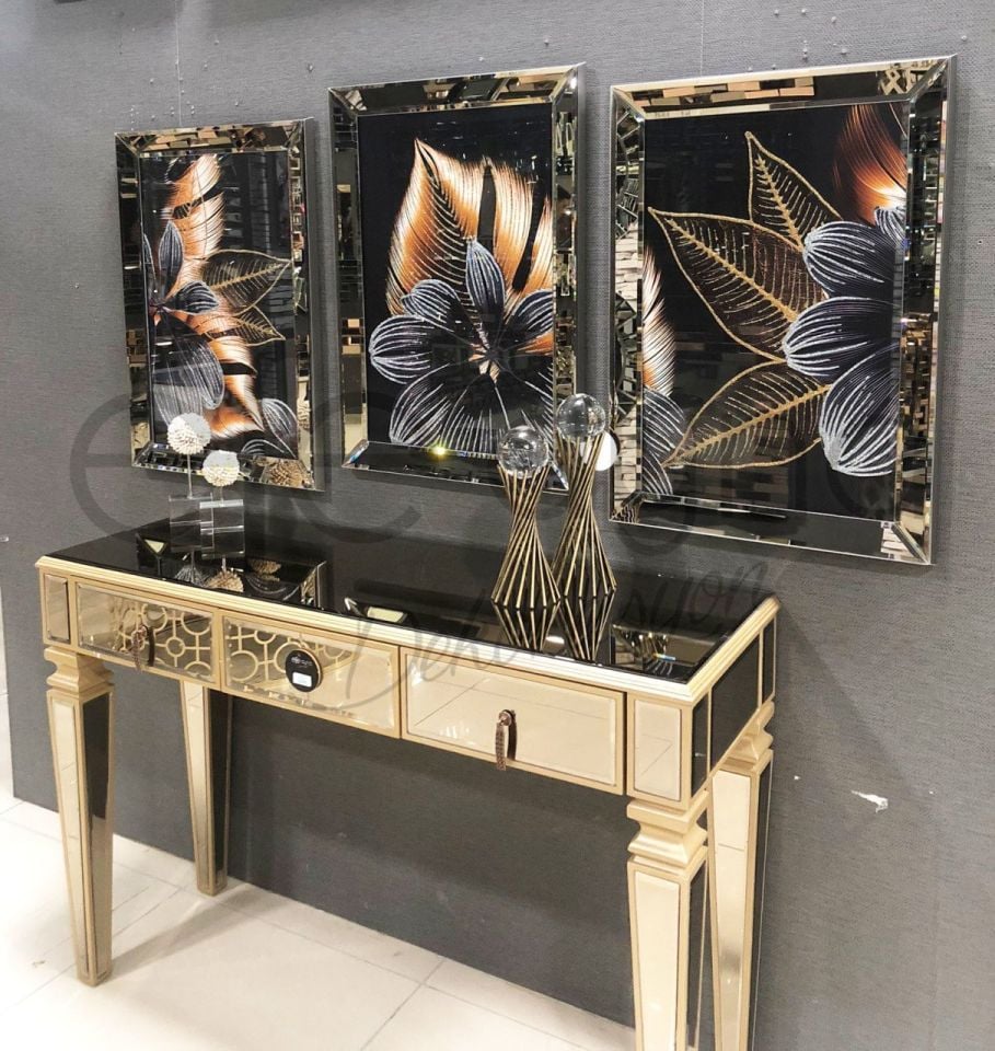 GOLD FLOWER 3'LÜ BRONZ AYNA TABLO SETİ