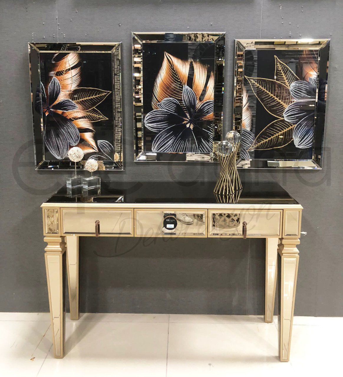 GOLD FLOWER 3'LÜ BRONZ AYNA TABLO SETİ 40X60