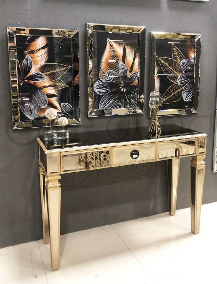 GOLD FLOWER 3'LÜ BRONZ AYNA TABLO SETİ 50X70