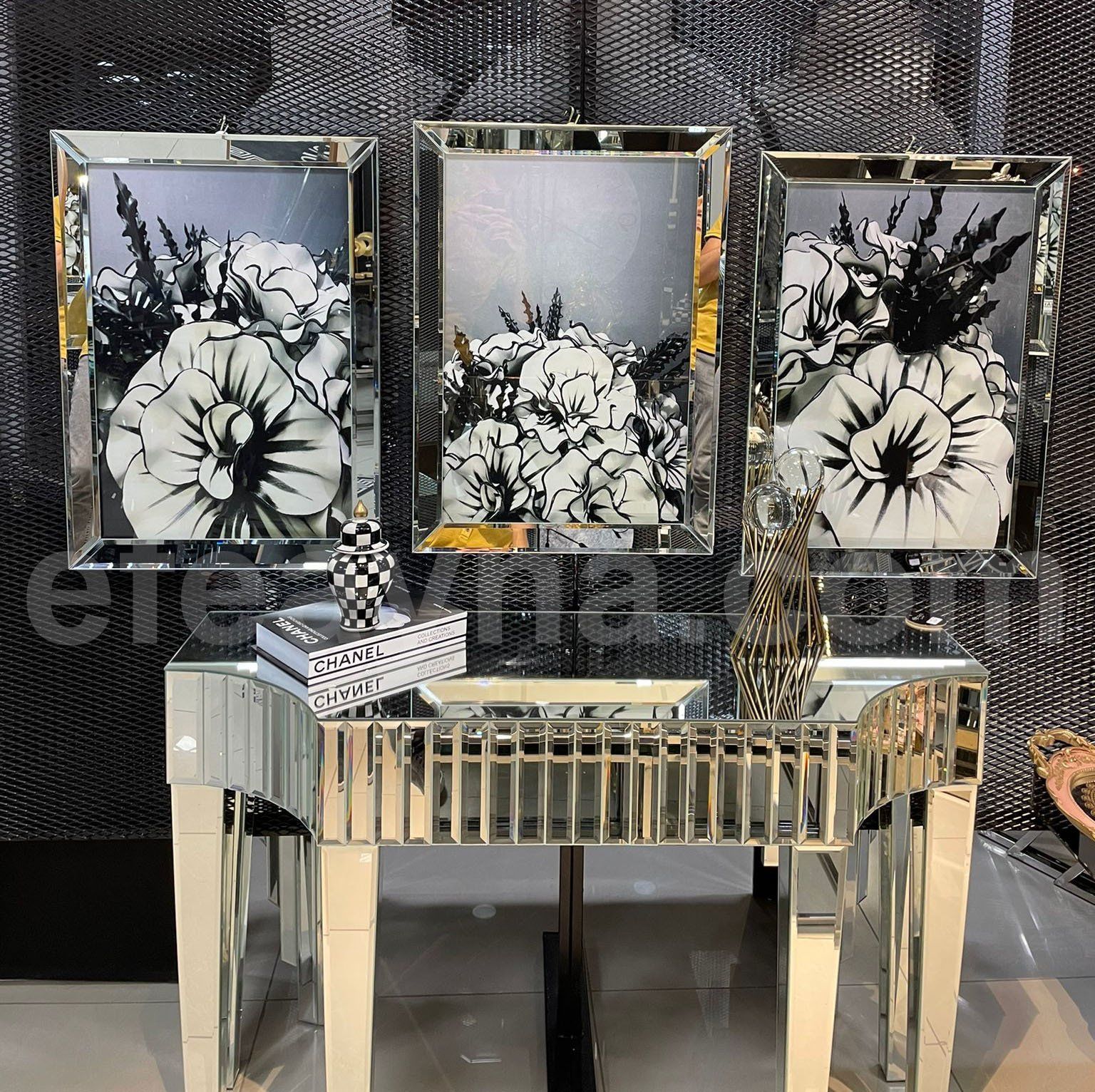 BEYAZ ÇİÇEKLER-3'LÜ GÜMÜŞ AYNA TABLO SETİ