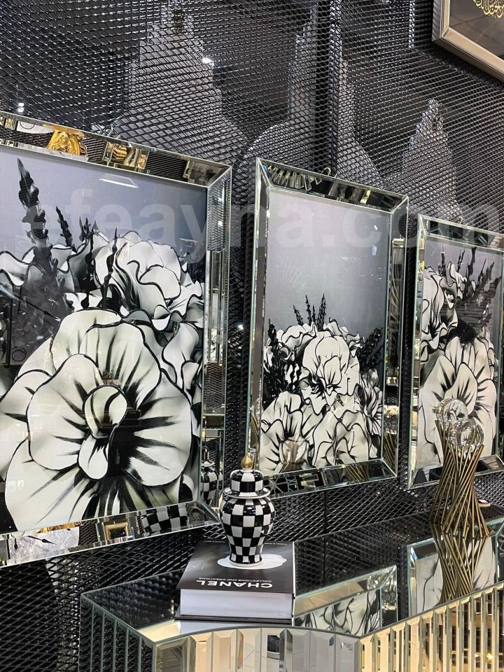 BEYAZ ÇİÇEKLER-3'LÜ GÜMÜŞ AYNA TABLO SETİ 40X60
