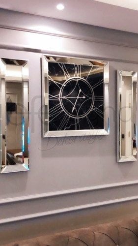 MERMER- 3'LÜ SİYAH AYNA DUVAR SAATİ VE YAN AYNA SETİ