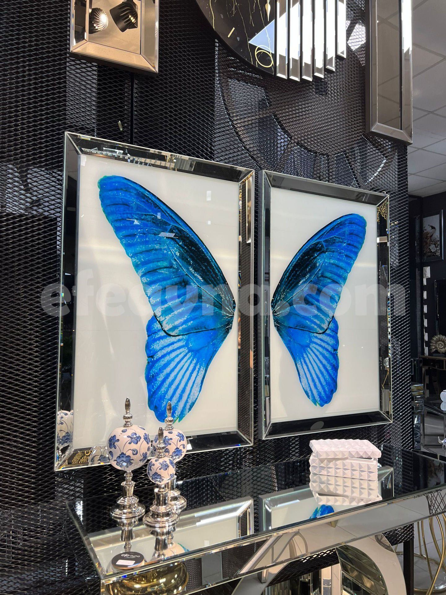 MAVİ KELEBEK- 2'Lİ GÜMÜŞ AYNA TABLO SETİ 50X70