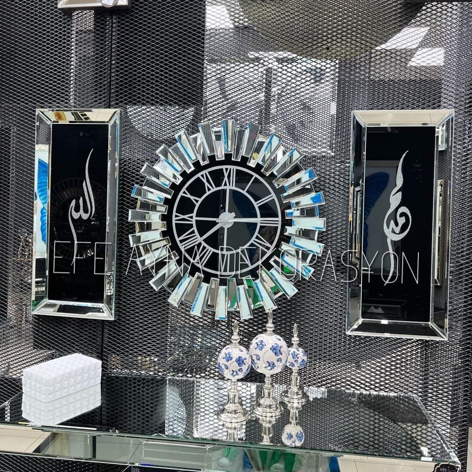 PİYANO X-3LÜ GÜMÜŞ AYNA DUVAR SAATİ VE TABLO SETİ