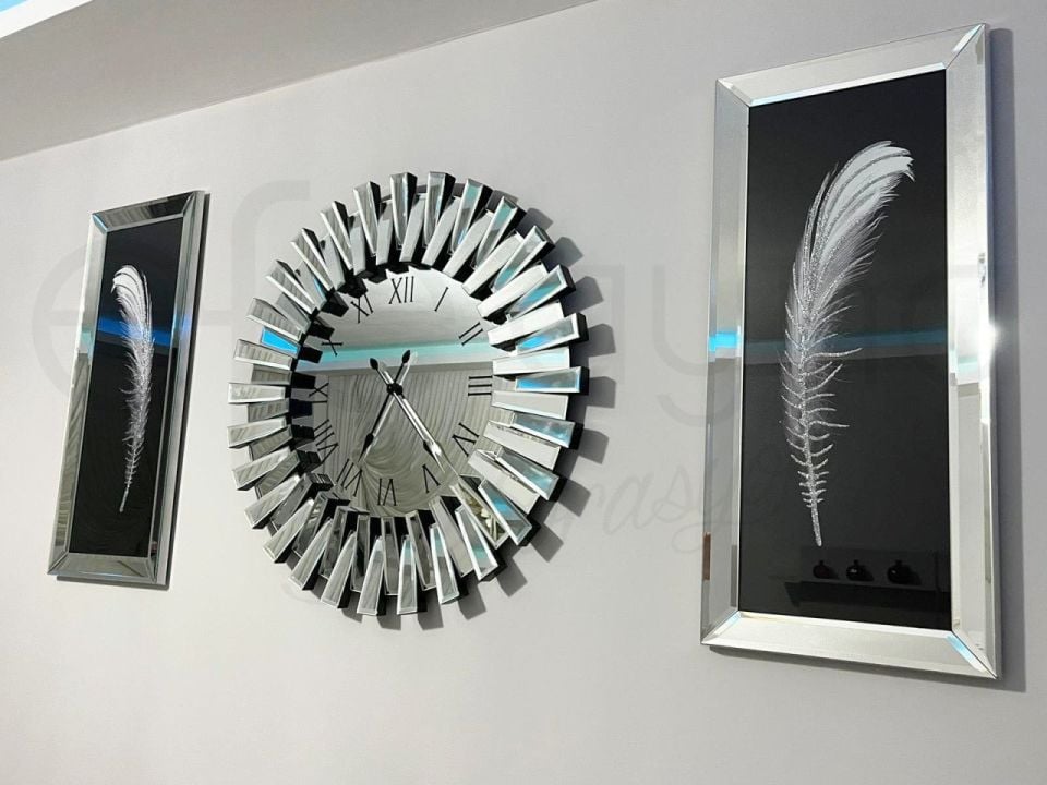 PİYANO- 3'LÜ GÜMÜŞ SAAT & TABLO SETİ KÜÇÜK(Duvar saati:65cm,Tabloların herbiri 30x70cm)