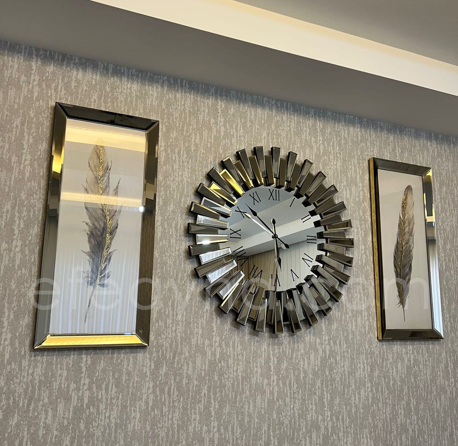 PİYANO- 3'LÜ BRONZ SAAT & TABLO SETİ KÜÇÜK(Duvar saati:65cm,Tabloların herbiri 30x70cm)