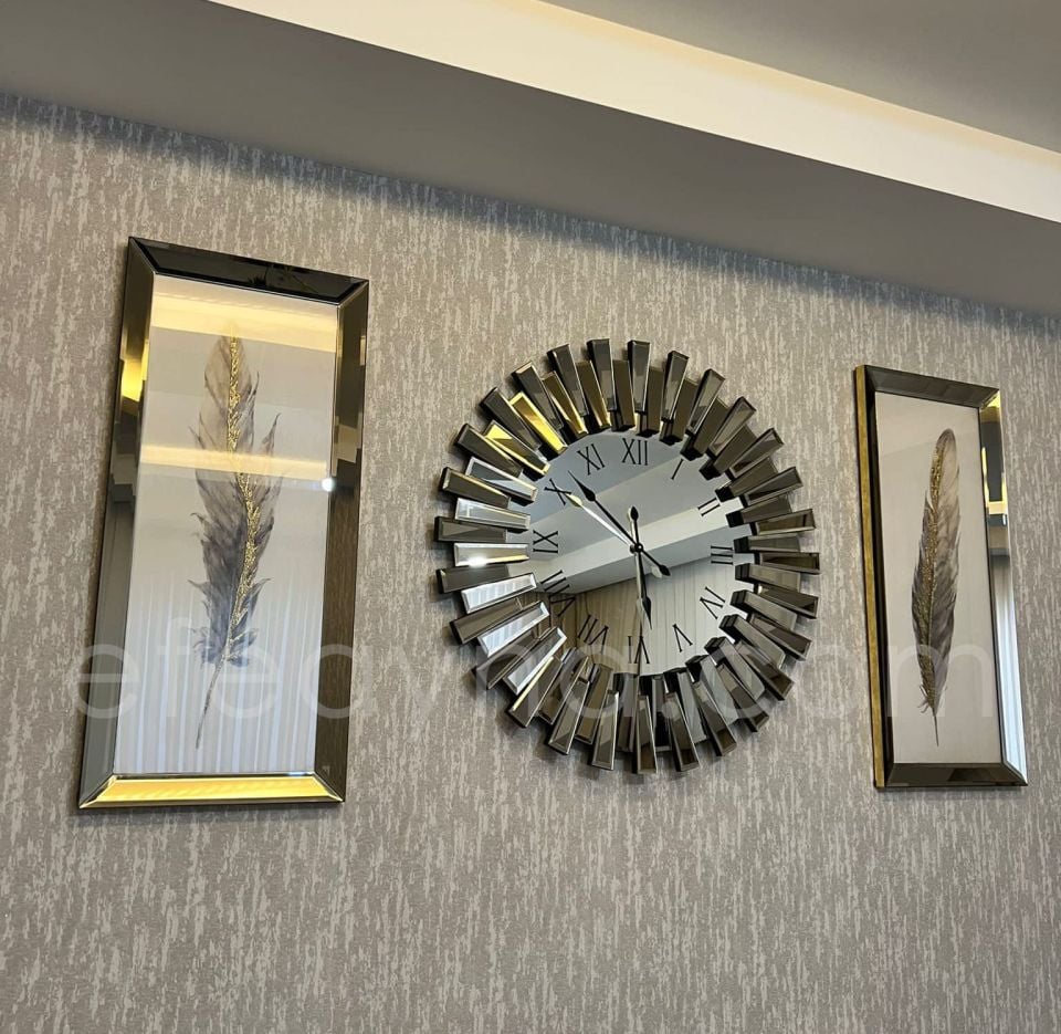 PİYANO- 3'LÜ BRONZ SAAT & TABLO SETİ KÜÇÜK(Duvar saati:65cm,Tabloların herbiri 30x70cm)