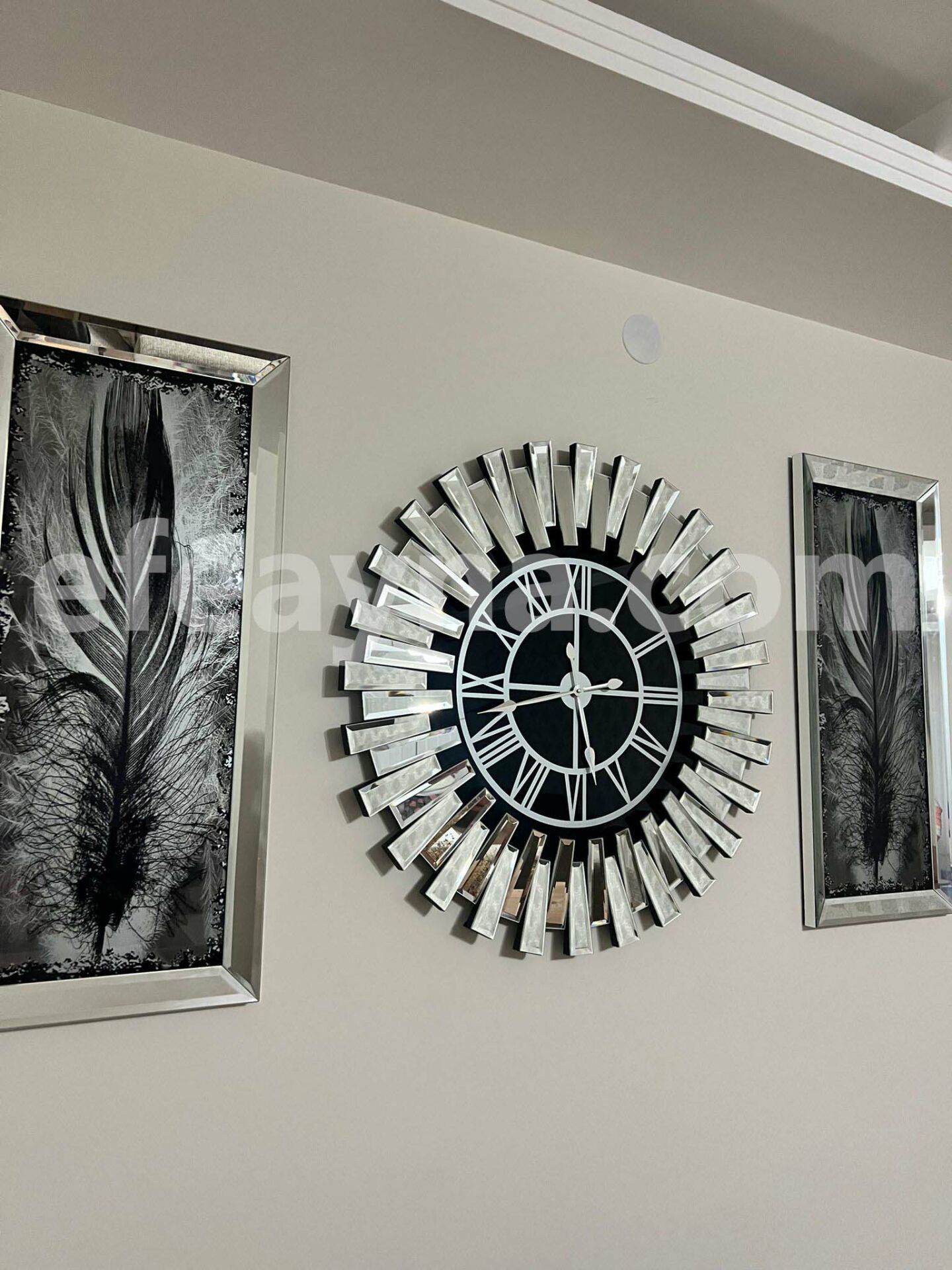 PİYANO X- 3'LÜ GÜMÜŞ AYNA DUVAR SAATİ & TABLO BÜYÜK(Duvar saati:83cm,Tabloların herbiri 40x90cm)