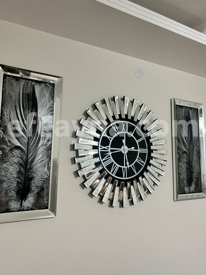 PİYANO X- 3'LÜ GÜMÜŞ AYNA DUVAR SAATİ & TABLO KÜÇÜK(Duvar saati:65cm,Tabloların herbiri 30x70cm)