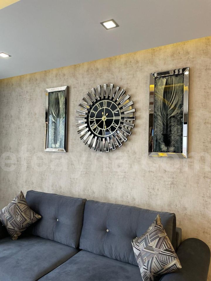PİYANO X- 3'LÜ BRONZ AYNA DUVAR SAATİ & TABLO KÜÇÜK(Duvar saati:65cm,Tabloların herbiri 30x70cm)