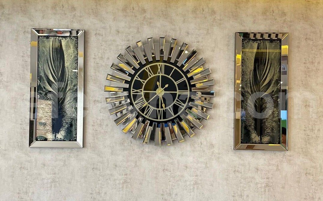 PİYANO X- 3'LÜ BRONZ AYNA DUVAR SAATİ & TABLO KÜÇÜK(Duvar saati:65cm,Tabloların herbiri 30x70cm)