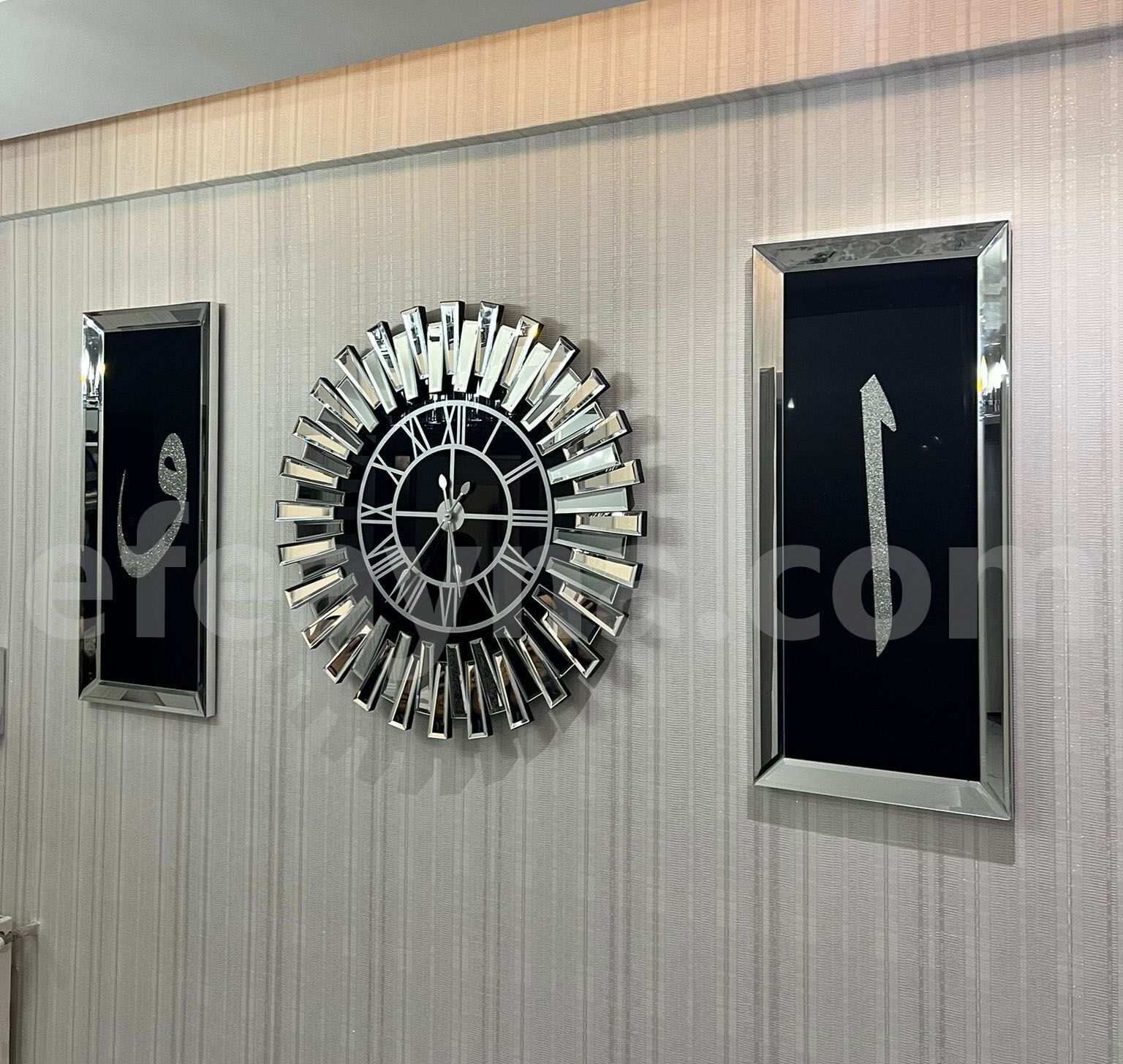 PİYANO-X ELİFVAV - 3'LÜ GÜMÜŞ SAAT &TABLO SETİ BÜYÜK(Duvar saati:83cm,Tabloların herbiri 40x90cm)