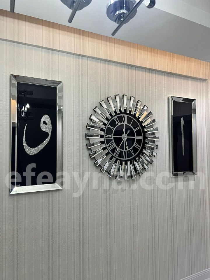 PİYANO-X ELİFVAV - 3'LÜ GÜMÜŞ SAAT &TABLO SETİ BÜYÜK(Duvar saati:83cm,Tabloların herbiri 40x90cm)