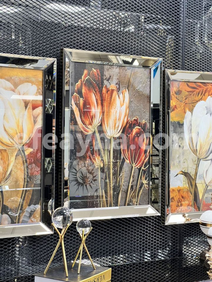 VINTAGE ÇİÇEKLER- 3'LÜ BRONZ AYNA TABLO SETİ 40X60