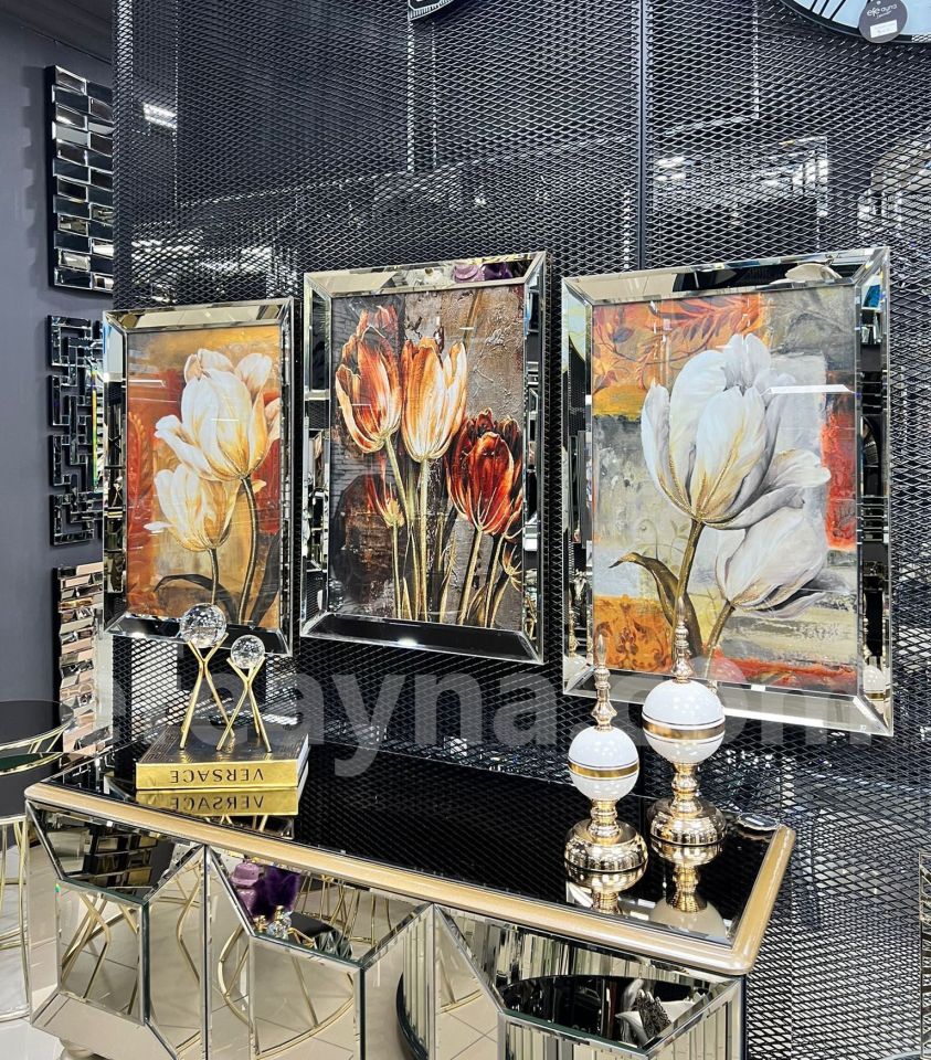 VINTAGE ÇİÇEKLER- 3'LÜ BRONZ AYNA TABLO SETİ 60X90