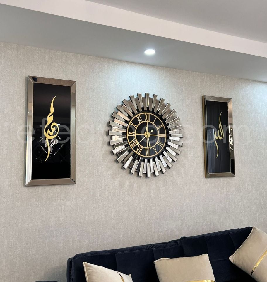 PİYANO X-3LÜ BRONZ AYNA DUVAR SAATİ VE TABLO SETİ BÜYÜK(Duvar saati:83cm,Tabloların herbiri 40x90cm)