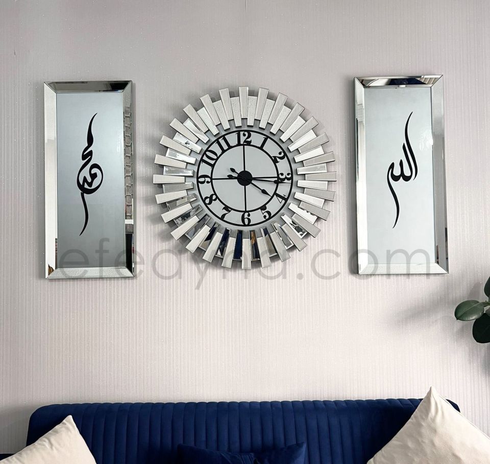 PİYANO XX- 3'LÜ GÜMÜŞ SAAT & TABLO SETİ BÜYÜK(Duvar saati:83cm,Tabloların herbiri 40x90cm)