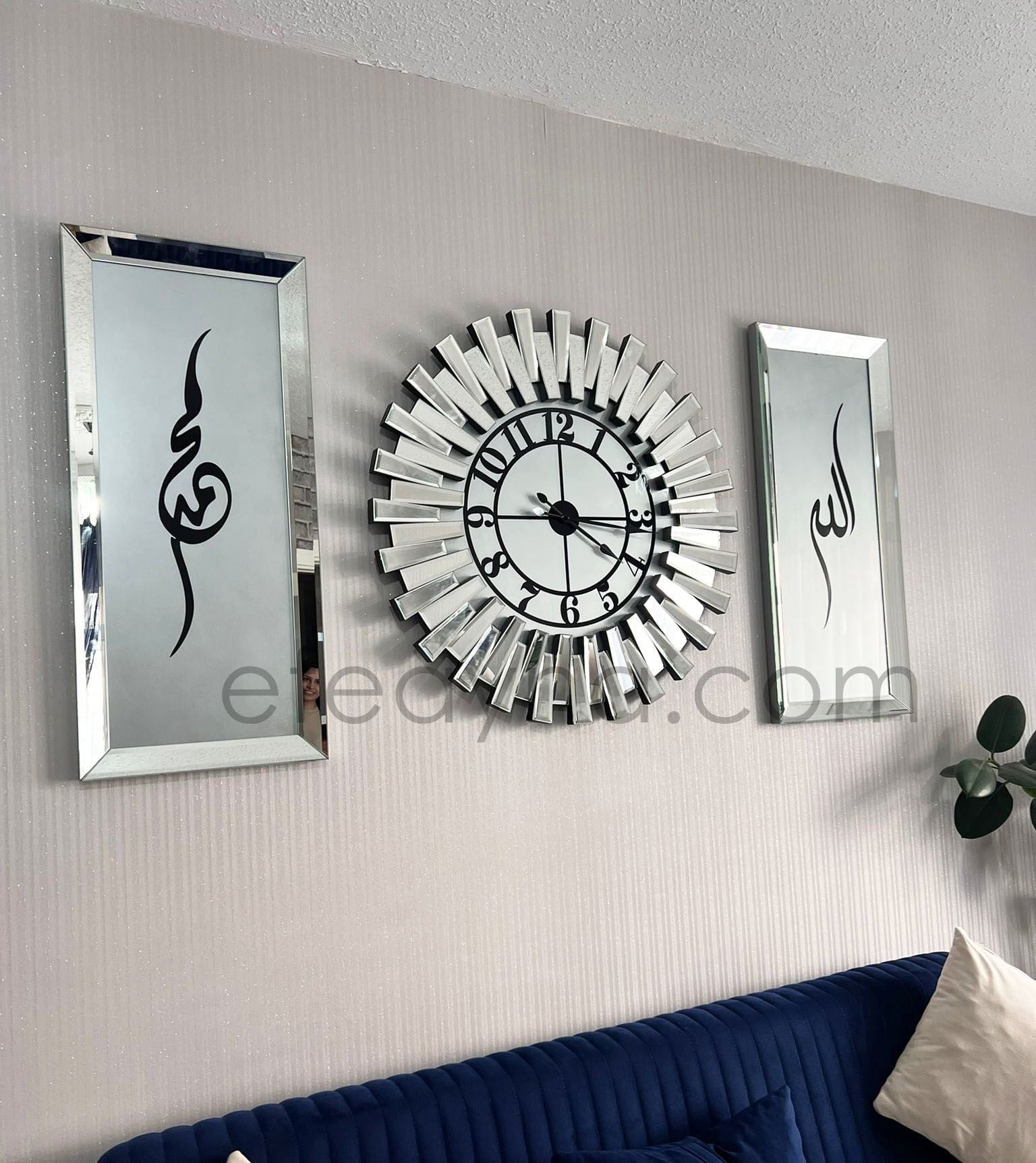 PİYANO XX- 3'LÜ GÜMÜŞ SAAT & TABLO SETİ BÜYÜK(Duvar saati:83cm,Tabloların herbiri 40x90cm)