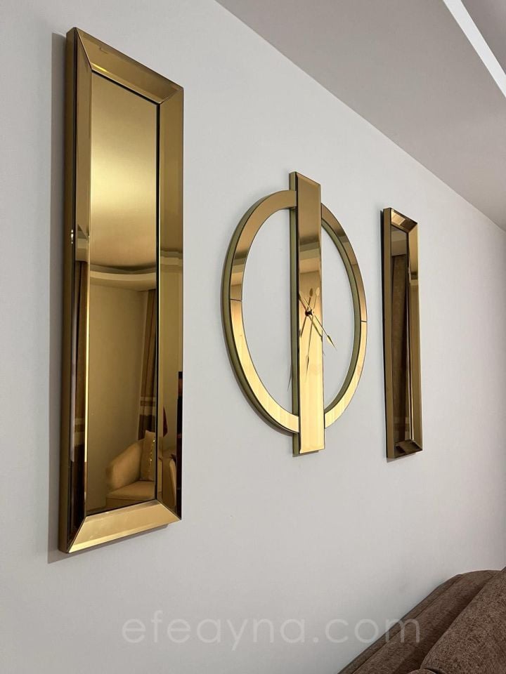 YÜZÜK-3'LÜ GOLD DUVAR SAATİ & YAN AYNA SETİ