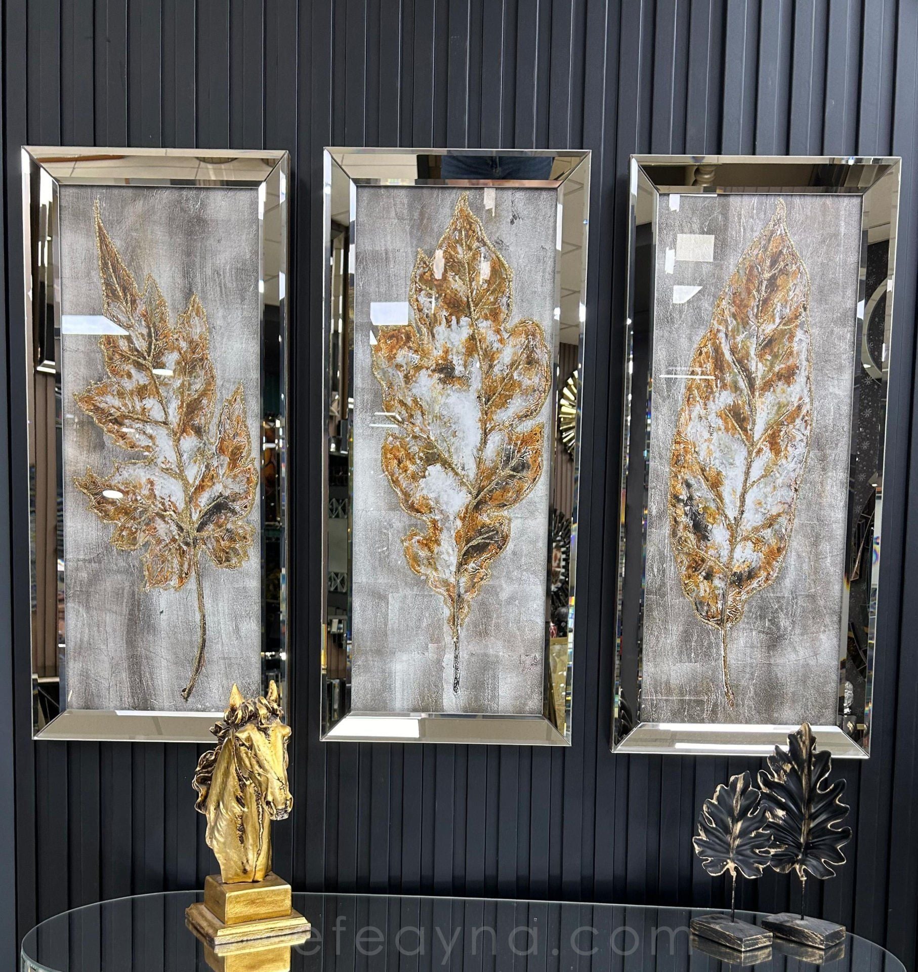 GÜZ YAPRAKLARI- 3'LÜ BRONZ AYNA TABLO SETİ 30x70 cm (30x70cm  x 3adet tablo )