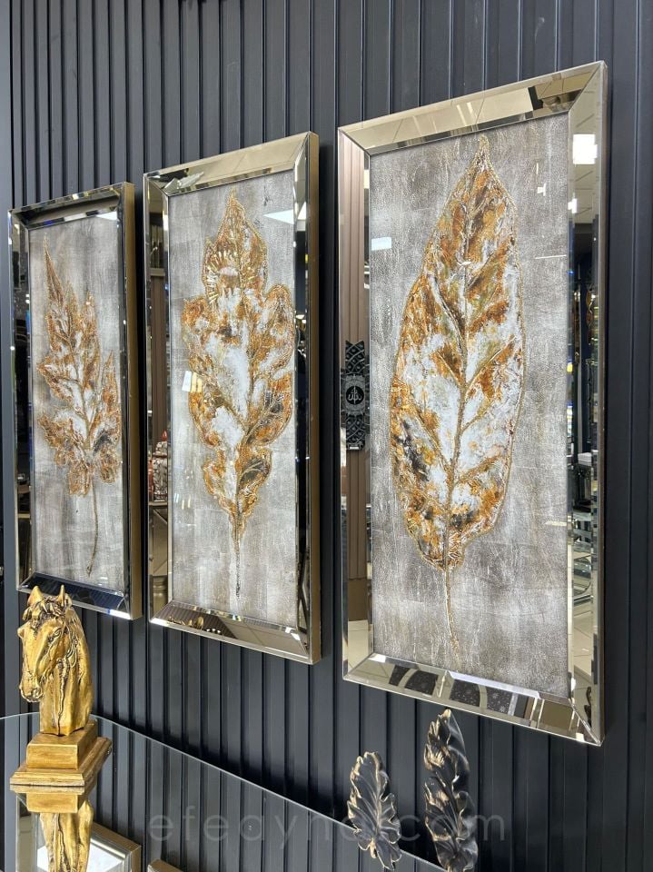 GÜZ YAPRAKLARI- 3'LÜ BRONZ AYNA TABLO SETİ 30x70 cm (30x70cm  x 3adet tablo )