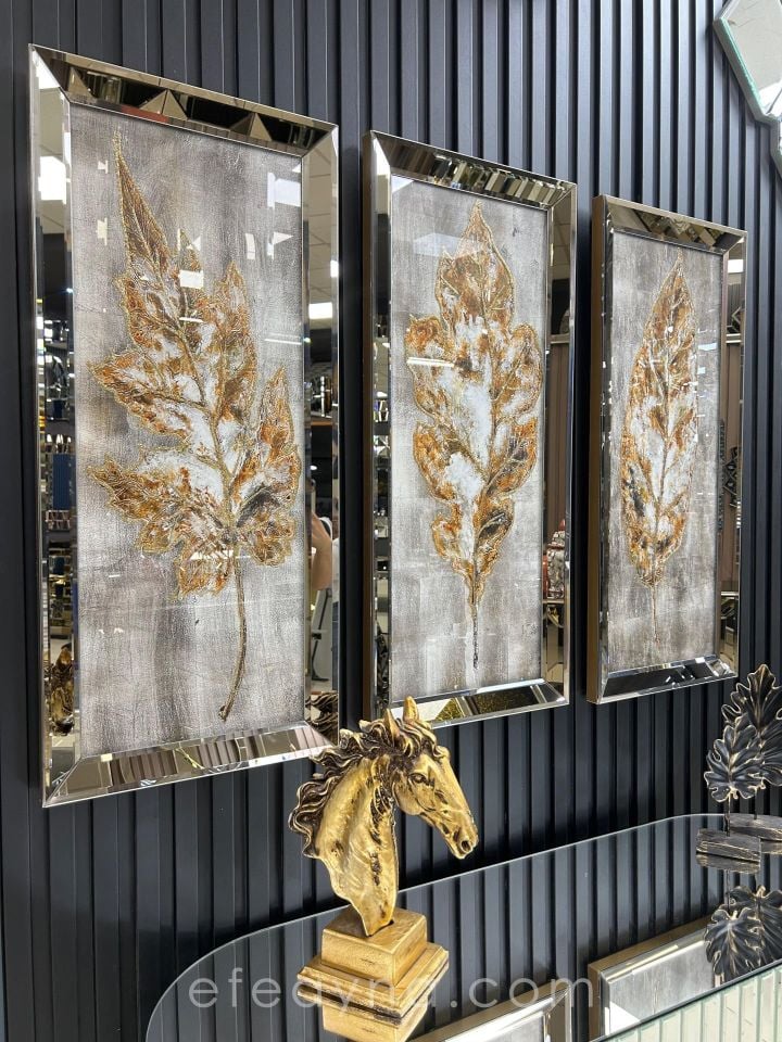 GÜZ YAPRAKLARI- 3'LÜ BRONZ AYNA TABLO SETİ 40x90cm  (40x90cm  x 3adet tablo )
