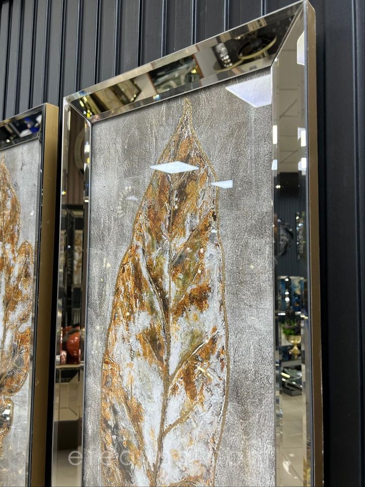 GÜZ YAPRAKLARI- 3'LÜ BRONZ AYNA TABLO SETİ 40x90cm  (40x90cm  x 3adet tablo )