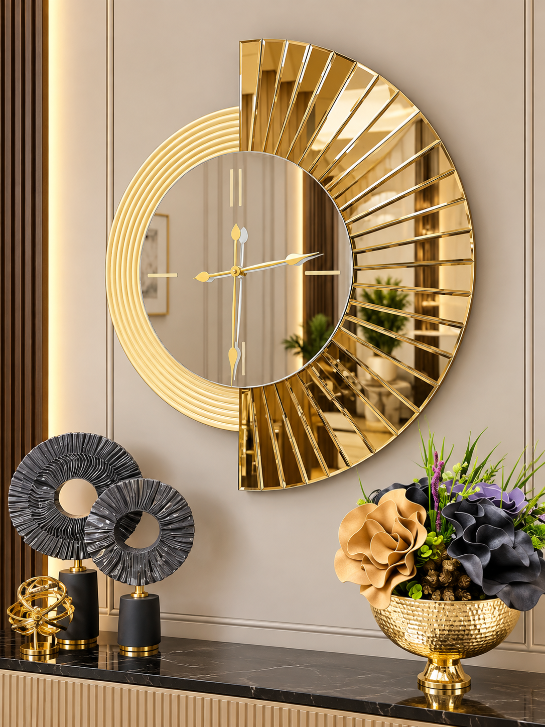 YELPAZE-GOLD AYNA DUVAR SAATİ 70x80cm