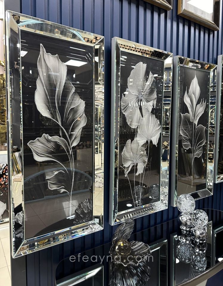 YAPRAK- 3'LÜ GÜMÜŞ AYNA TABLO SETİ