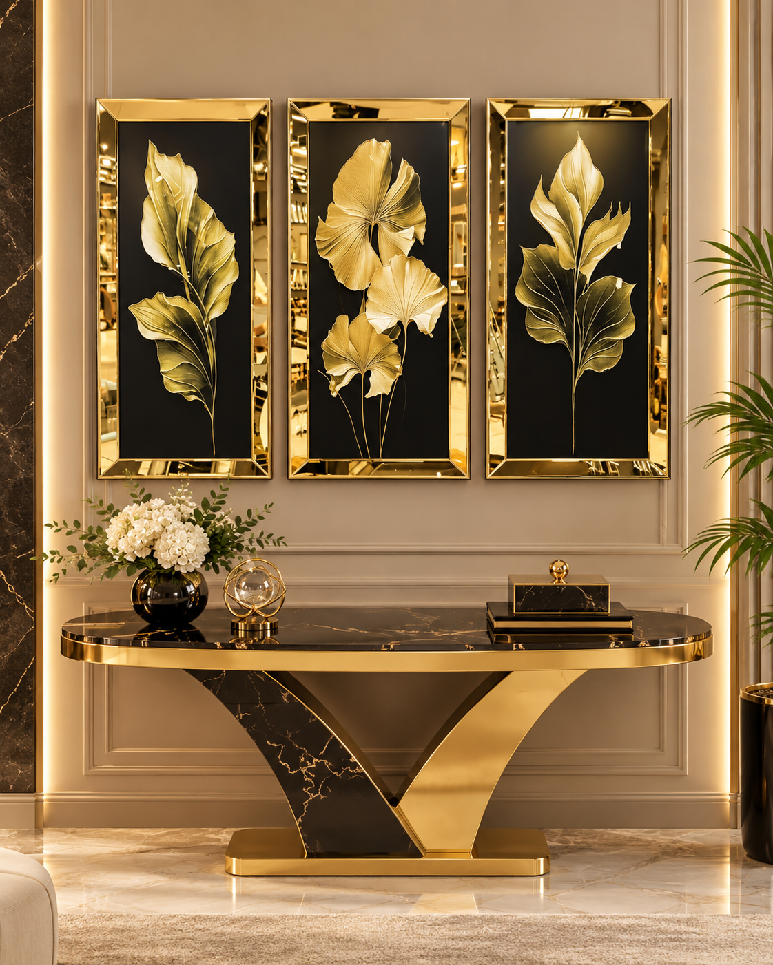 ZARİF YAPRAKLAR- 3'LÜ GOLD AYNA TABLO SETİ