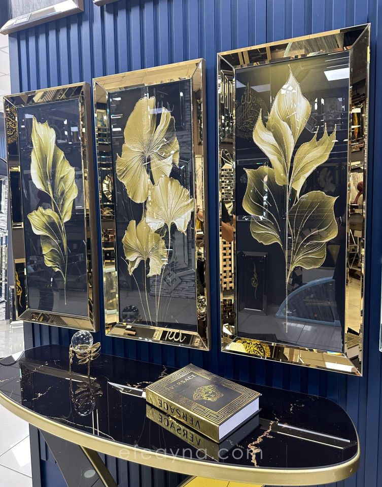 YAPRAK- 3'LÜ GOLD AYNA TABLO SETİ 30x70 cm (30x70cm  x 3adet tablo )