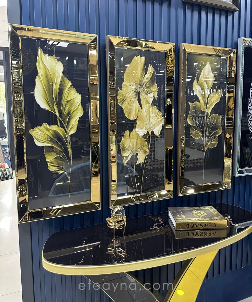 YAPRAK- 3'LÜ GOLD AYNA TABLO SETİ 30x70 cm (30x70cm  x 3adet tablo )
