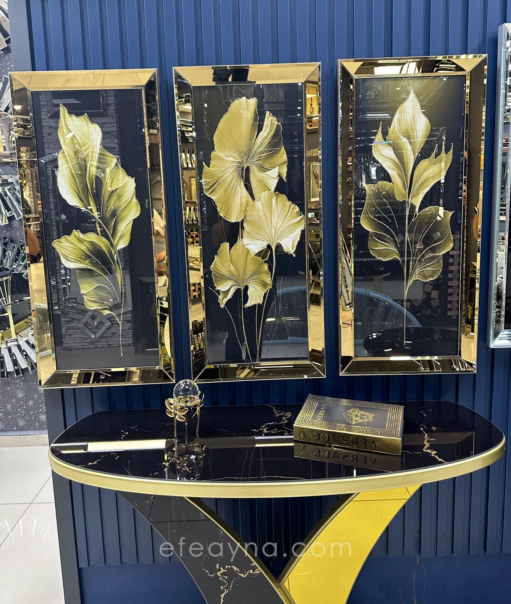YAPRAK- 3'LÜ GOLD AYNA TABLO SETİ 40x90cm  (40x90cm  x 3adet tablo )