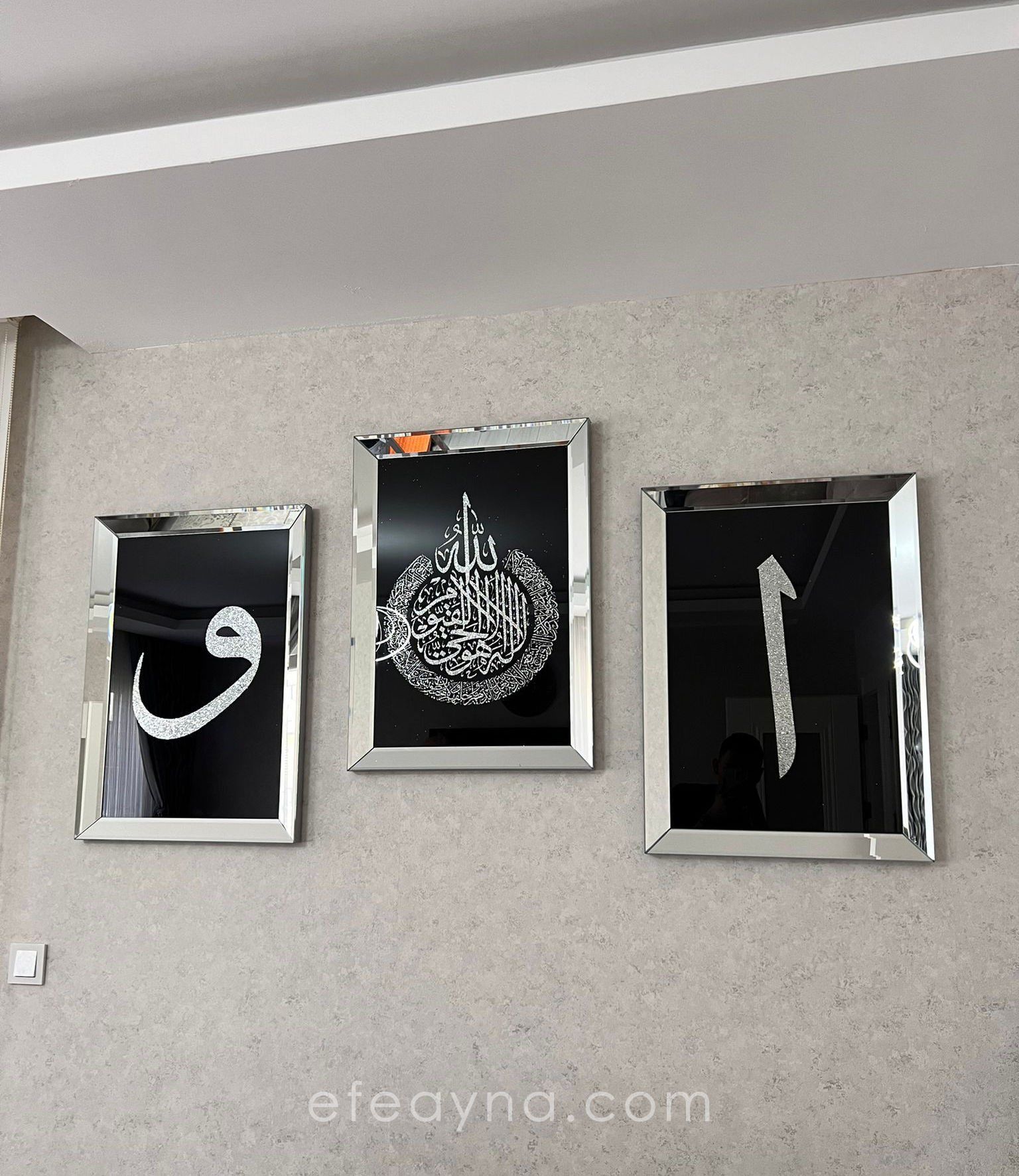 ELİF VAV & AYETEL KÜRSİ - 3'LÜ GÜMÜŞ AYNA TABLO SETİ 40X60