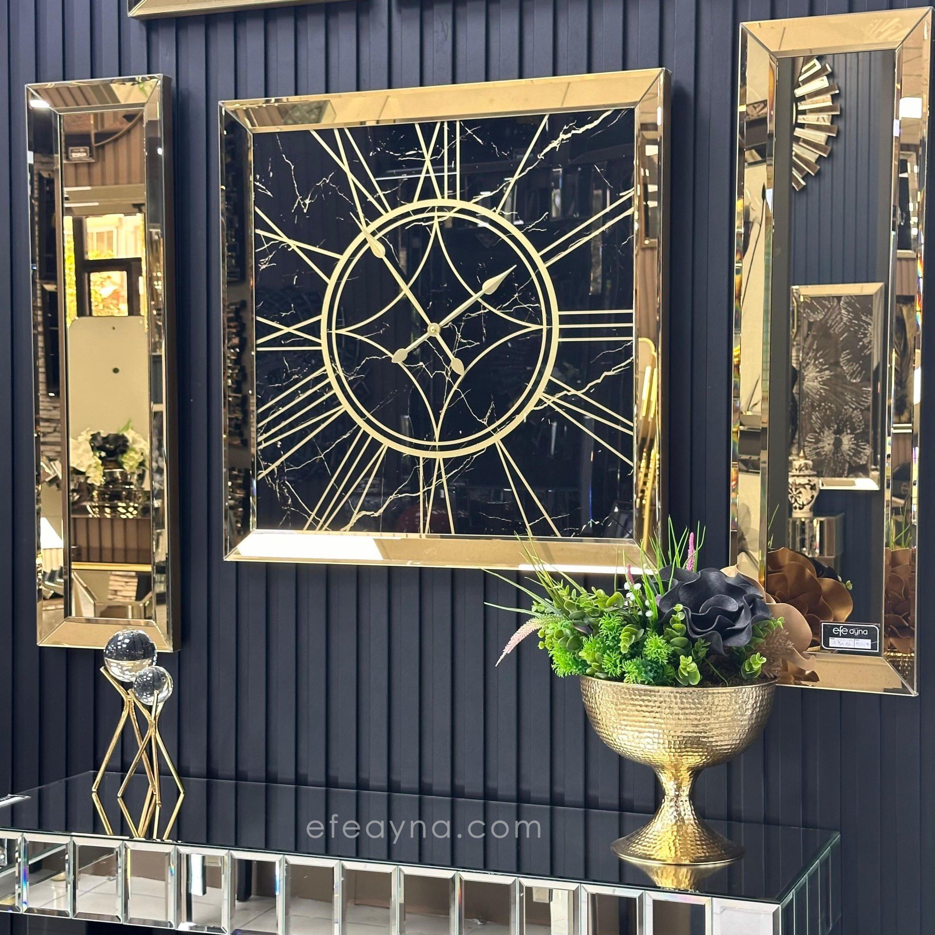 MERMER- 3'LÜ GOLD AYNA DUVAR SAATİ VE YAN AYNA SETİ